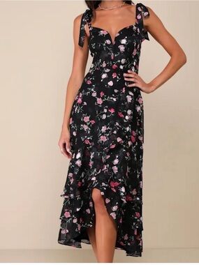 Lulu's Black Floral Tie-Shoulder High-Low Midi Dress